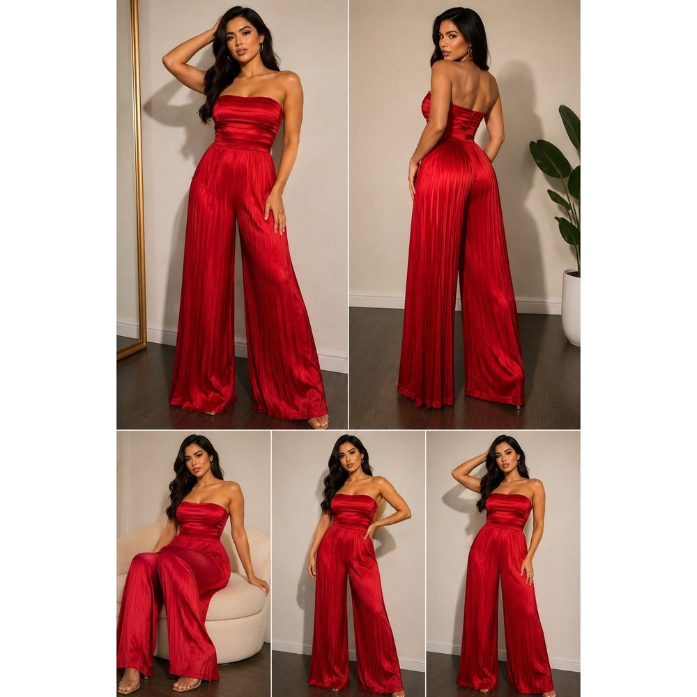 Flying Tomato Pleated Wide Leg Jumpsuit Red Satin Look Size Large L New